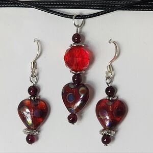 Handmade Red Glass Heart Earring And Necklace SET